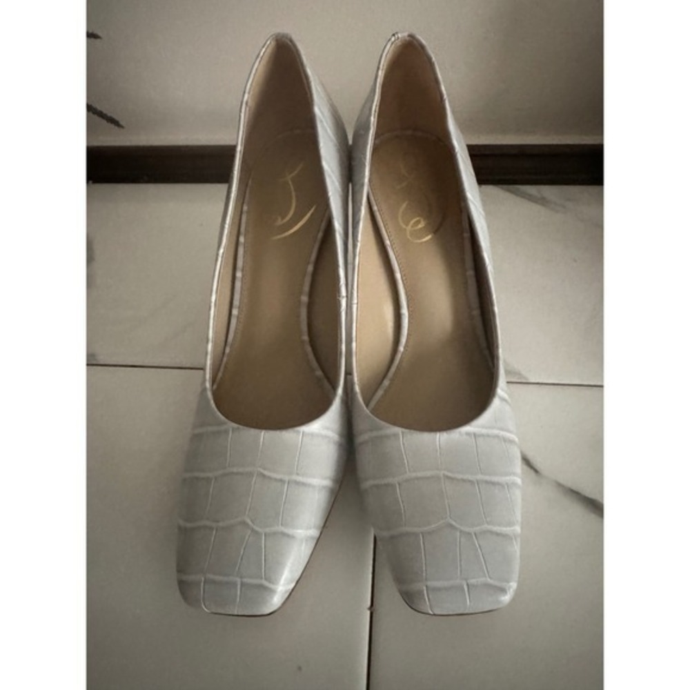 Sam Edelman Gray Croc Embossed Square Toe Stiletto Pumps Heels Womens 7M - Picture 2 of 7